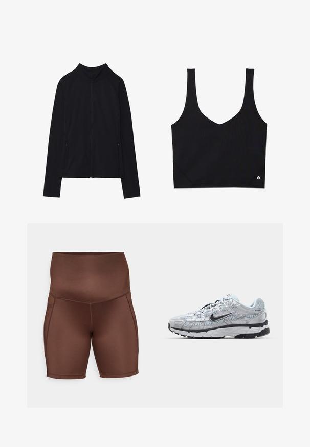 Svart zip-up jakke med høy krage, laget av mykt materiale. Har raglanerm sleeves og to glidelåslommer på siden. Jevn tekstur.; Svart sports-bh med brede stropper, V-halsdesignet, teksturert stoff og logodetalj ved kanten. Glatt overflate, minimalistisk stil.; Bruneididrettsshorts med høy midje, glatt tekstur og flate sømmer. Designet har en tettsittende fasong og kne-lengde.; Nike P-6000 sneakers med en lys grå mesh-overdel, sorte detaljer og en slitesterk svart gummisåle. Har et intrikat design og snøresystem.