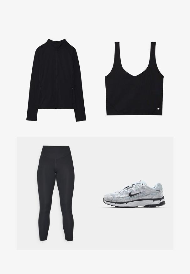 Giacca nera con zip e colletto alto, realizzata in tessuto morbido. Presenta maniche raglan e due tasche laterali con zip. Texture liscia.; Top sportivo nero con spalline larghe, design a V, tessuto testurizzato e dettaglio del logo all'orlo. Finitura liscia, stile minimale.; Leggings neri con vita alta, texture liscia e design aderente. Presentano cuciture piatte e copertura completa senza motivi.; Sneakers Nike P-6000 con una toma superiore in mesh grigio chiaro, accenti neri e una resistente suola in gomma nera. Dotati di un design intricato e di un sistema di allacciatura.