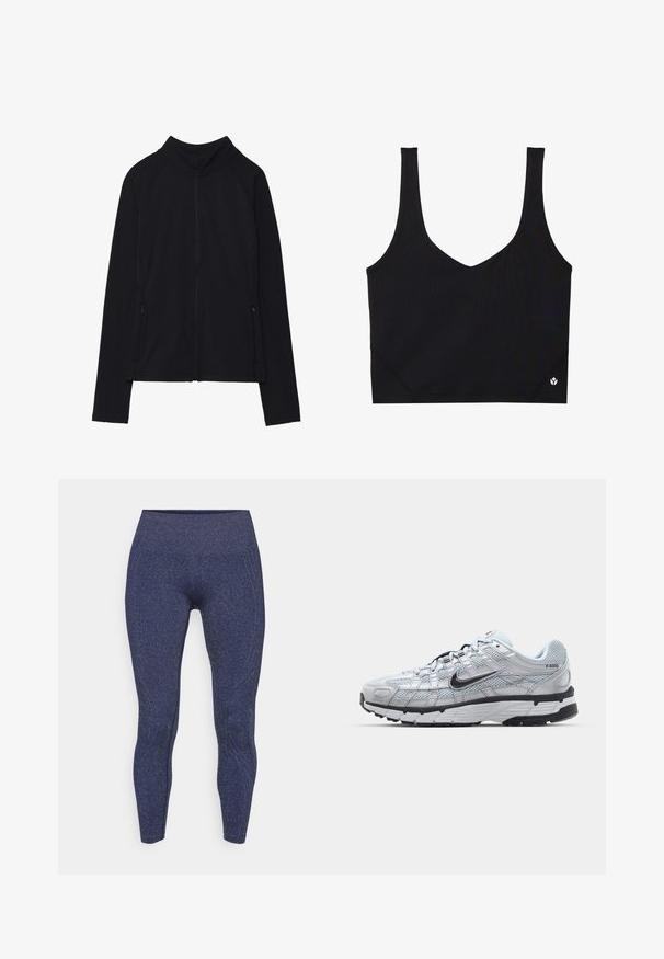 Mustmust kollane jope, millel on kõrge kaelus, valmistatud pehmest kangast. Omab raglanvarukke ja kahte lukuga küljetaskut. Sile tekstuur.; Mustmust mustriba laia, V-kaeluse disainiga, tekstureeritud kanga ja logo detailiga hemil. Sile viimistlus, minimalistlik stiil.; Merineid sinised legginsid, millel on tekstuuriga sädelev viimistlus. Omab kõrget vöökohta ja kontuurõmblusi, mis loovad sobiva silueti.; Nike P-6000 tenniset heleda halli võrgust pealteega, mustade aktsentidega ja vastupidava musta kummist tallaga. Omab keerukat disaini ja paeltesüsteemi.