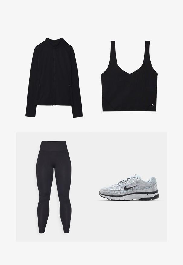 Zwarte zip-up jas met een hoge kraag, gemaakt van zacht materiaal. Voorzien van raglanmouwen en twee ritssluitingen aan de zijkant. Glad textuur.; Zwarte sportbeha met brede banden, een V-hals ontwerp, gestructureerde stof en logo detail aan de zoom. Gladde afwerking, minimalistische stijl.; Zwarte high-waisted leggings van rekbaar materiaal met een zachte textuur. Het ontwerp is figuurvolgend en naadloos, zonder zichtbare logo's of patronen.; Nike P-6000 sneakers met een lichtgrijze mesh bovenkant, zwarte accenten en een duurzame zwarte rubberen zool. Kenmerkt zich door een ingewikkeld ontwerp en vetersysteem.