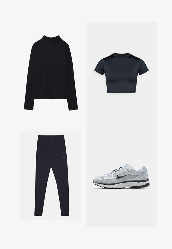 Giacca nera con zip e colletto alto, realizzata in tessuto morbido. Presenta maniche raglan e due tasche laterali con zip. Texture liscia.; T-shirt corta nera con maniche corte, realizzata in tessuto liscio. Presenta una scollatura rotonda e un dettaglio minimale di cuciture all'orlo.; Leggings neri realizzati in un tessuto morbido ed elastico con vita alta, caratterizzati da cuciture sottili e un piccolo logo sul lato.; Sneakers Nike P-6000 con una toma superiore in mesh grigio chiaro, accenti neri e una resistente suola in gomma nera. Dotati di un design intricato e di un sistema di allacciatura.