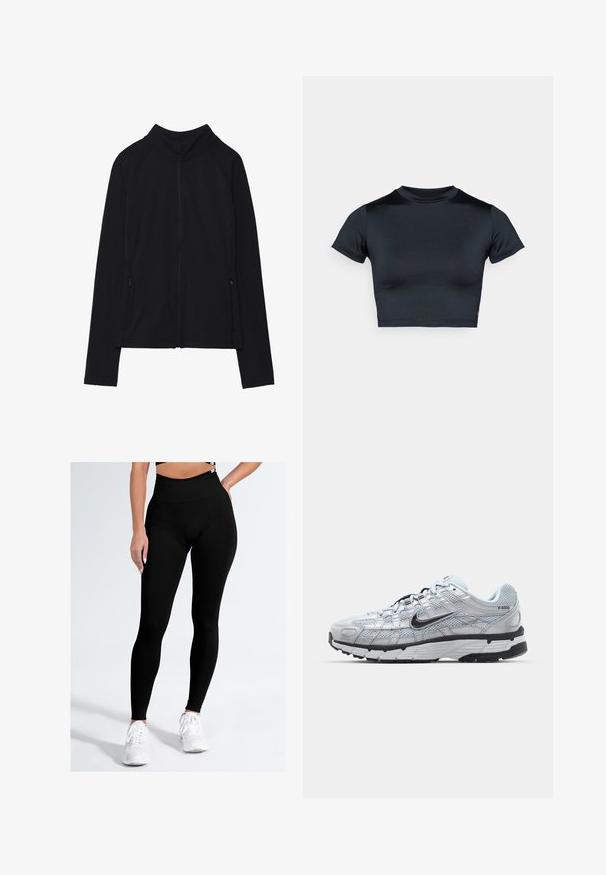 Czarna kurtka zapinana na zamek z wysokim kołnierzem, wykonana z miękkiego materiału. Posiada rękawy raglanowe oraz dwie kieszenie boczne zapinane na zamek. Gładka tekstura.; Czarna krótka koszulka z krótkim rękawem, wykonana z gładkiej tkaniny. Posiada okrągły dekolt i minimalne przeszycia przy dolnym brzegu.; Czarne legginsy z wysokim stanem, wykonane z gładkiego, elastycznego materiału. Projekt charakteryzuje się dopasowanym krojem i brakiem widocznych wzorów lub akcentów.; Nike P-6000 sneakers z jasnoszarym siateczkowym wierzchem, czarnymi akcentami i trwałą czarną gumową podeszwą. Charakteryzują się skomplikowanym wzornictwem i systemem sznurowania.