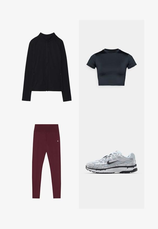 Giacca nera con zip e colletto alto, realizzata in tessuto morbido. Presenta maniche raglan e due tasche laterali con zip. Texture liscia.; T-shirt corta nera con maniche corte, realizzata in tessuto liscio. Presenta una scollatura rotonda e un dettaglio minimale di cuciture all'orlo.; Leggings bordeaux realizzati in tessuto elasticizzato con una vita alta, caratterizzati da un piccolo logo sul davanti. Design liscio e aderente.; Sneakers Nike P-6000 con una toma superiore in mesh grigio chiaro, accenti neri e una resistente suola in gomma nera. Dotati di un design intricato e di un sistema di allacciatura.