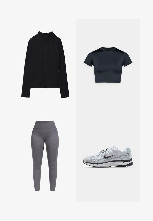 Schwarze Zip-Jacke mit hohem Kragen, aus weichem Stoff gefertigt. Verfügt über Raglanärmel und zwei seitliche Reißverschlusstaschen. Glatte Textur.; Even&Odd active ESSENTIAL QUICK DRY CROPPED SHORT SLEEVE T-SHIRT - T-Shirt basic - black; Graue Leggings mit hohem Bund, aus strukturiertem Stoff und mit enganliegendem Schnitt. Verfügen über glatte Nähte und ein schmal zulaufendes Bein.; Nike P-6000 Sneakers mit einem Obermaterial aus leichtem grauem Mesh, schwarzen Akzenten und einer langlebigen schwarzen Gummisohle. Verfügt über ein komplexes Design und ein Schnürsystem.