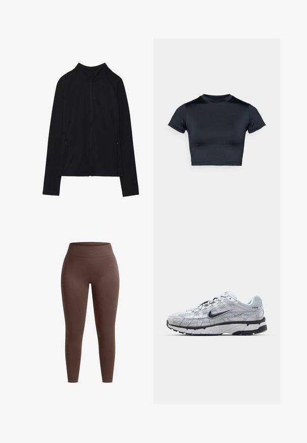 Giacca nera con zip e colletto alto, realizzata in tessuto morbido. Presenta maniche raglan e due tasche laterali con zip. Texture liscia.; T-shirt corta nera con maniche corte, realizzata in tessuto liscio. Presenta una scollatura rotonda e un dettaglio minimale di cuciture all'orlo.; Leggings marroni a vita alta realizzati in un tessuto morbido e elastico. Caratterizzati da una forma aderente con vita senza cuciture per comfort e flessibilità.; Sneakers Nike P-6000 con una toma superiore in mesh grigio chiaro, accenti neri e una resistente suola in gomma nera. Dotati di un design intricato e di un sistema di allacciatura.