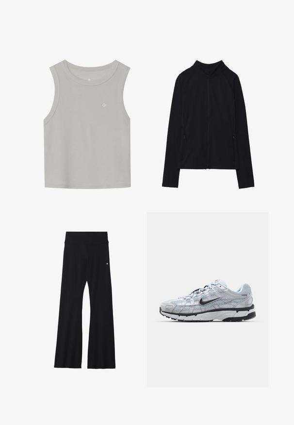 Jachetă neagră cu fermoar, cu guler înalt, fabricată dintr-un material moale. Prezintă mâneci raglan și două buzunare laterale cu fermoar. Textură netedă.; Top fără mâneci de culoare gri deschis, realizat dintr-un material ribbed; are un decolteu rotund și un mic logo alb pe față. Design simplu.; Pantaloni de yoga negri, evazați, dintr-un material elastic, cu un talie lată și un mic logo aproape de șold. Textură netedă, fără modele.; Tenisii Nike P-6000 cu un upper din plasă gri deschis, accente negre și o talpă din cauciuc negru durabilă. Caracterizează un design complex și un sistem de șireturi sofisticat.