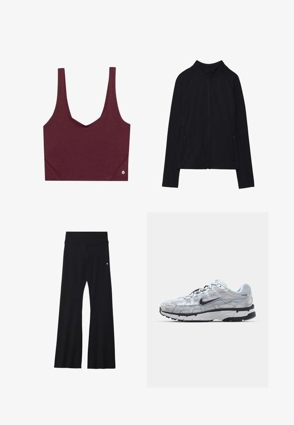 Jachetă neagră cu fermoar, cu guler înalt, fabricată dintr-un material moale. Prezintă mâneci raglan și două buzunare laterale cu fermoar. Textură netedă.; Sutien sport burgund cu un design în formă de V, fabricat dintr-un material neted. Dispune de bretele late și un mic logo accent pe partea dreaptă jos.; Pantaloni de yoga negri, evazați, dintr-un material elastic, cu un talie lată și un mic logo aproape de șold. Textură netedă, fără modele.; Tenisii Nike P-6000 cu un upper din plasă gri deschis, accente negre și o talpă din cauciuc negru durabilă. Caracterizează un design complex și un sistem de șireturi sofisticat.