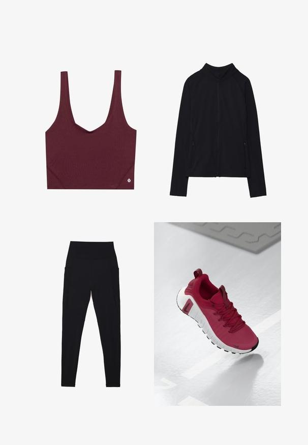 Mustmust kollane jope, millel on kõrge kaelus, valmistatud pehmest kangast. Omab raglanvarukke ja kahte lukuga küljetaskut. Sile tekstuur.; Burgundi spordirinnahoidja V-kujulise disainiga, valmistatud siledast kangast. Omab laiu rihmasid ja väikest logoaktsenti alumises paremas nurgas.; Mustad mustad retuusid venivast kangast, millel on kõrge ribaga vöökoht. Omab küljetaskuid ja sujuvat disaini mugavuse tagamiseks.; Punane spordijalats tekstureeritud ülemise osa, paelte ja paksu valge tallaga. Omab kontrastset musta varbakorki ja logo küljes.