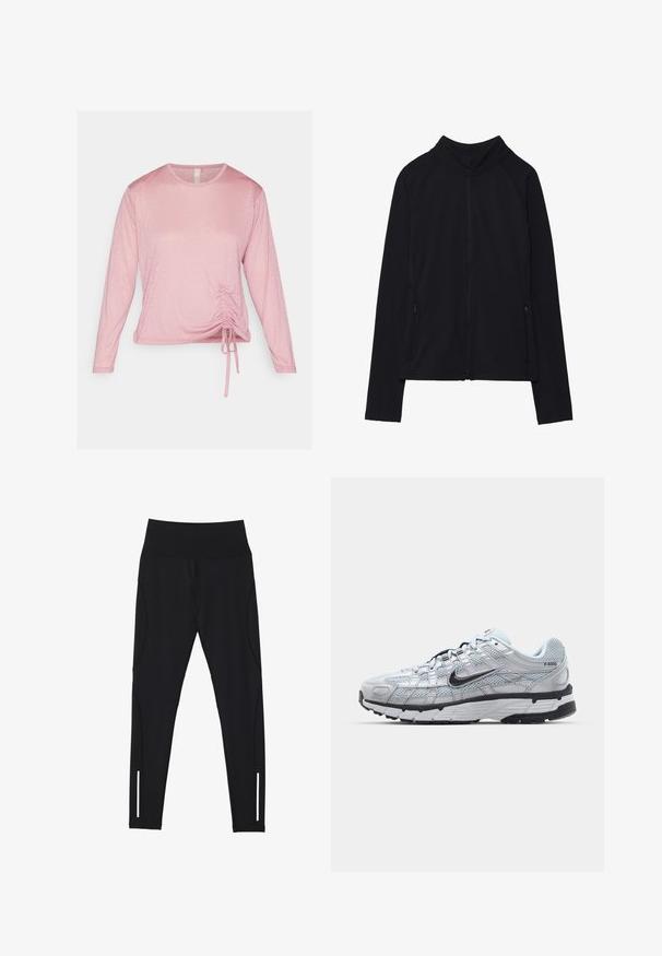 Fekete, cipzáros dzseki magas gallérral, puha anyagból készült. Raglán ujjakkal és két cipzáras oldalzsebbel rendelkezik. Simább textúra.; Hosszú ujjú, puha anyagból készült rózsaszín felső, deréknál ráncolt részlettel, állítható kötelékkel és kerek nyakkivágással.; Fekete leggings rugalmas anyagból, magas derékkal, oldalsó varrásokkal és fényvisszaverő részletekkel a bokánál a láthatóság érdekében.; Nike P-6000 sportcipő, világosszürke hálós felsőrésszel, fekete részletekkel és tartós fekete gumitalppal. Bonyolult dizájnnal és fűzőrendszerrel rendelkezik.