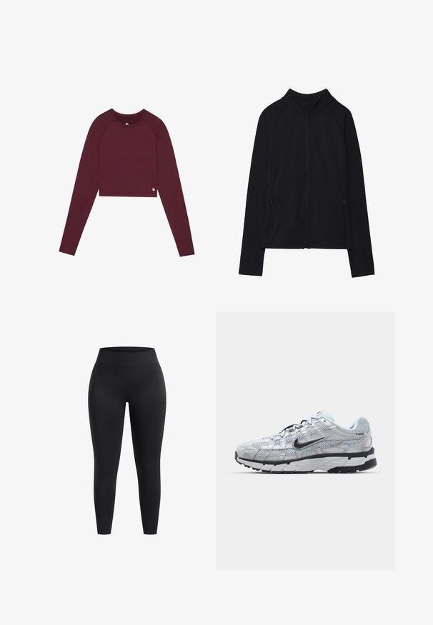 Schwarze Zip-Jacke mit hohem Kragen, aus weichem Stoff gefertigt. Verfügt über Raglanärmel und zwei seitliche Reißverschlusstaschen. Glatte Textur.; Burgunderfarbener Langarm-Cropped-Top mit Rundhalsausschnitt, enganliegendem Design und minimalem Branding-Detail am Saum. Glatte Textur und dehnbare Stoffqualität.; Hochbundige schwarze Leggings aus dehnbarem Stoff mit glatter Oberfläche und knöchellanger Passform. Keine Muster oder sichtbaren Hardwaredetails.; Nike P-6000 Sneakers mit einem Obermaterial aus leichtem grauem Mesh, schwarzen Akzenten und einer langlebigen schwarzen Gummisohle. Verfügt über ein komplexes Design und ein Schnürsystem.
