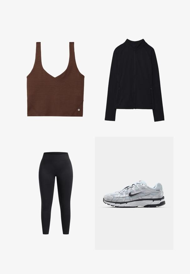 Sort zip-up jakke med høj krave, lavet af blødt stof. Den har raglanærmer og to lynlåslommer på siden. Glat tekstur.; Brun sportstop med V-halsdesign, lavet af glat, strækbart stof. Den har brede stropper og en lille logoaccent ved kanten.; Højhojede sorte leggings lavet af strækbart stof, med en glat overflade og fodlængde pasform. Ingen mønstre eller synlige hardware detaljer.; Nike P-6000 sneakers med en lys grå mesh overdel, sorte accenter og en holdbar sort gummisål. Har et detaljeret design og snøresystem.