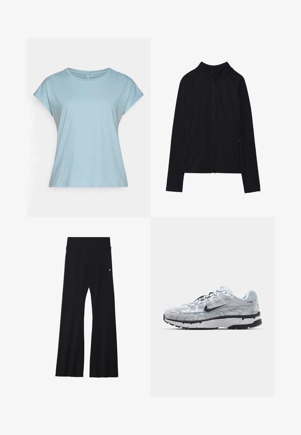 Črna zip-up jakna z visokim ovratnikom, narejena iz mehkega materiala. Ima raglan rokave in dve žepni zadrgi na straneh. Gladka tekstura.; Svjetloplavi majica kratkih rukava izrađena od mekog materijala. Ima okrugli izrez, opušteni kroj i šavovane rubove. Nema uzoraka ni ukrasa.; Črne razširjene joga hlače iz elastičnega materiala, z širokim pasom in majhnim logotipom blizu bokov. Gladka tekstura, brez vzorcev.; Nike P-6000 športni copati z lahkim sivim mrežastim zgornjim delom, črnimi dodatki in trdim črnim gumijastim podplatom. Imajo zapleten dizajn in sistem vezalk.