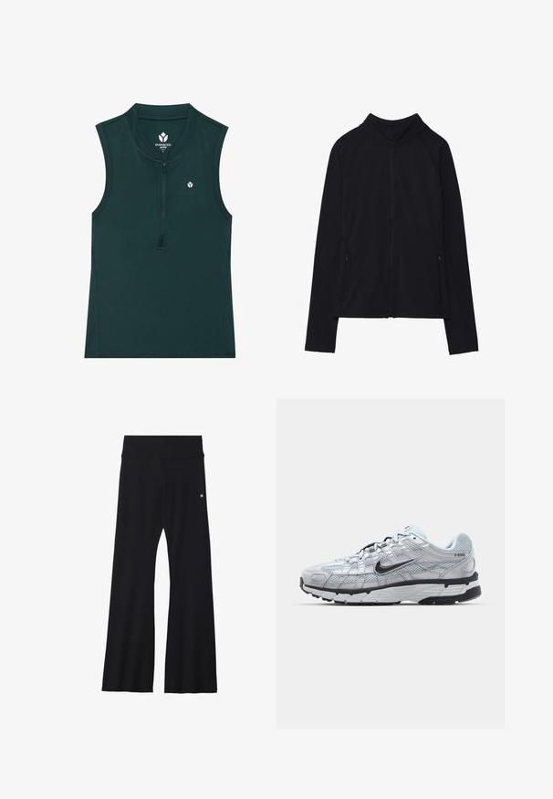 Fekete, cipzáros dzseki magas gallérral, puha anyagból készült. Raglán ujjakkal és két cipzáras oldalzsebbel rendelkezik. Simább textúra.; Zöld ujjatlan sportfelső magas gallérral és elöl cipzárral; sima textúrával, mellkason elhelyezett kis logóval. Sportolásra alkalmas.; Fekete, harang alakú jóga nadrág rugalmas anyagból, széles derékrésszel és egy kis logóval a csípőnél. Sima textúrájú, minta nélkül.; Nike P-6000 sportcipő, világosszürke hálós felsőrésszel, fekete részletekkel és tartós fekete gumitalppal. Bonyolult dizájnnal és fűzőrendszerrel rendelkezik.