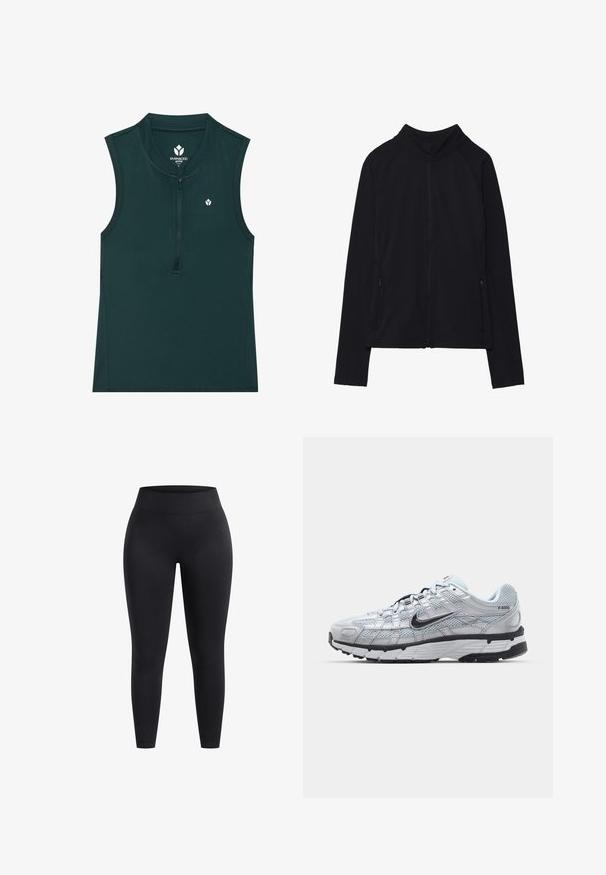 Zwarte zip-up jas met een hoge kraag, gemaakt van zacht materiaal. Voorzien van raglanmouwen en twee ritssluitingen aan de zijkant. Glad textuur.; Groene mouwloze sporttop met een hoge kraag en een rits aan de voorkant; gladde textuur met een klein logo op de borst. Geschikt voor sport.; Hoge zwarte legging gemaakt van rekbaar materiaal, met een gladde oppervlakte en een enkellange pasvorm. Geen patronen of zichtbare hardware details.; Nike P-6000 sneakers met een lichtgrijze mesh bovenkant, zwarte accenten en een duurzame zwarte rubberen zool. Kenmerkt zich door een ingewikkeld ontwerp en vetersysteem.