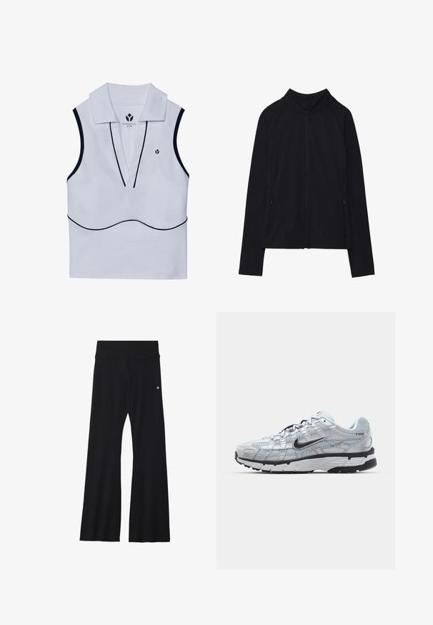 Melnā jaku ar rāvējslēdzēju, augsts apkakle, izgatavota no mīkstas auduma. Iekļautas raglan piedurknes un divas sānu kabatas ar rāvējslēdzējiem. Plūdena tekstūra.; Balta bezpiedurkņu aktīvā krekla ar apkakles izgriezumu, dziļu V formas dekoltē, melnām malām un nelielu logo kreisajā augšējā stūrī.; Melnas plāna griezuma jogas bikses no elastīga auduma, ar platām jostām un mazu logotipu pie gurna. Gluda tekstūra, bez rakstiem.; Nike P-6000 sporta apavi ar gaiši pelēku tīkla augšdaļu, melniem akcentiem un izturīgu melnu gumijas zoli. Iekļauj sarežģītu dizainu un saites sistēmu.