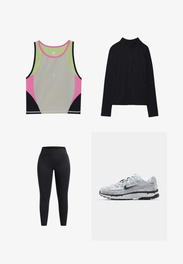 Black zip-up jacket with a high collar, made of soft fabric. Features raglan sleeves and two zippered side pockets. Smooth texture.; Colorful sports crop top featuring a light gray body, pink, black, and green accents, and a round neckline with perforated detailing.; High-waisted black leggings made of stretchy fabric, featuring a smooth surface and ankle-length fit. No patterns or visible hardware details.; Nike P-6000 sneakers with a light grey mesh upper, black accents, and a durable black rubber sole. Features intricate design and lacing system.