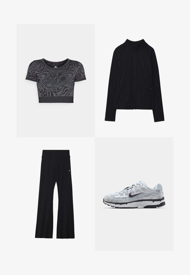 Mustmust kollane jope, millel on kõrge kaelus, valmistatud pehmest kangast. Omab raglanvarukke ja kahte lukuga küljetaskut. Sile tekstuur.; Mustapeene crop-topp, millel on keerduv muster. Valmistatud venivast kangast, ümmarguse kaeluse ja lühikeste varrukatega. Horisontaalne ribatud äär.; Mustad mustad jooga püksid venivast kangast, lai vöökoht ja väike logo puusade lähedal. Sile tekstuur, mustrid puuduvad.; Nike P-6000 tenniset heleda halli võrgust pealteega, mustade aktsentidega ja vastupidava musta kummist tallaga. Omab keerukat disaini ja paeltesüsteemi.