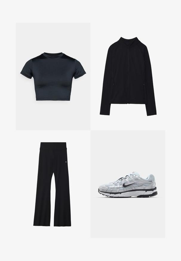 Chaqueta negra con cremallera y cuello alto, hecha de un tejido suave. Presenta mangas raglán y dos bolsillos laterales con cremallera. Textura suave.; Top corto de manga corta en azul marino oscuro, hecho de tela lisa y elástica. Presenta un escote redondo y detalles mínimos de costura. No se ven logotipos.; Pantalones de yoga negros acampanados en tejido elástico, con una cinturilla ancha y un pequeño logo cerca de la cadera. Textura suave, sin patrones.; Zapatillas Nike P-6000 con parte superior de malla gris claro, acentos negros y suela de goma negra duradera. Presentan un diseño intrincado y un sistema de cordones.