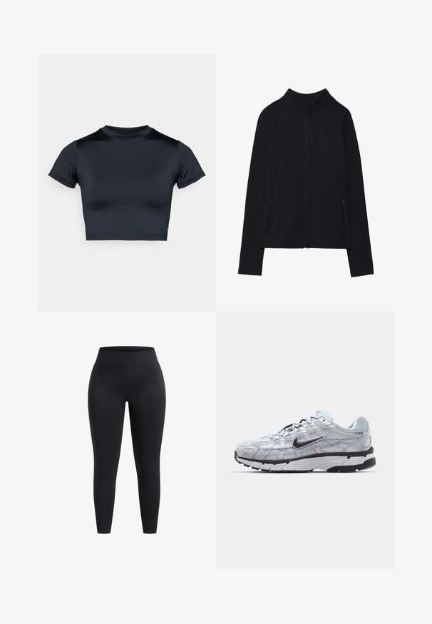 Chaqueta negra con cremallera y cuello alto, hecha de un tejido suave. Presenta mangas raglán y dos bolsillos laterales con cremallera. Textura suave.; Top corto de manga corta en azul marino oscuro, hecho de tela lisa y elástica. Presenta un escote redondo y detalles mínimos de costura. No se ven logotipos.; Leggings negros de talle alto, fabricados con un tejido elástico, que presentan una superficie lisa y un ajuste hasta el tobillo. Sin patrones ni detalles de hardware visibles.; Zapatillas Nike P-6000 con parte superior de malla gris claro, acentos negros y suela de goma negra duradera. Presentan un diseño intrincado y un sistema de cordones.