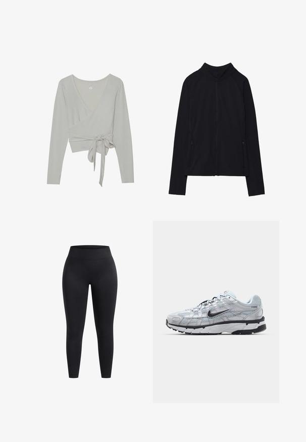 Chaqueta negra con cremallera y cuello alto, hecha de un tejido suave. Presenta mangas raglán y dos bolsillos laterales con cremallera. Textura suave.; Top de manga larga color beige claro, con un tejido de canalé. Presenta un escote en V profundo y un detalle de cintura atada.; Leggings negros de talle alto, fabricados con un tejido elástico, que presentan una superficie lisa y un ajuste hasta el tobillo. Sin patrones ni detalles de hardware visibles.; Zapatillas Nike P-6000 con parte superior de malla gris claro, acentos negros y suela de goma negra duradera. Presentan un diseño intrincado y un sistema de cordones.