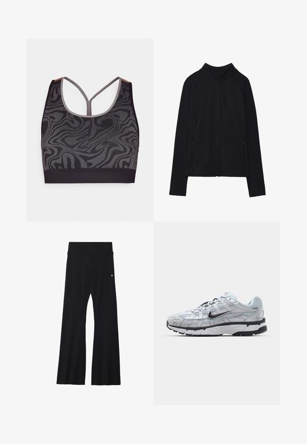 Chaqueta negra con cremallera y cuello alto, hecha de un tejido suave. Presenta mangas raglán y dos bolsillos laterales con cremallera. Textura suave.; Sujetador deportivo negro con un patrón en espiral gris, con escote en forma de U y diseño de espalda nadadora. Está hecho de tejido de punto texturizado.; Pantalones de yoga negros acampanados en tejido elástico, con una cinturilla ancha y un pequeño logo cerca de la cadera. Textura suave, sin patrones.; Zapatillas Nike P-6000 con parte superior de malla gris claro, acentos negros y suela de goma negra duradera. Presentan un diseño intrincado y un sistema de cordones.