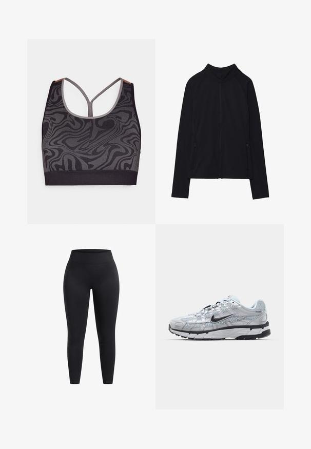 Schwarze Zip-Jacke mit hohem Kragen, aus weichem Stoff gefertigt. Verfügt über Raglanärmel und zwei seitliche Reißverschlusstaschen. Glatte Textur.; Schwarzer Sport-BH mit grauemwirbelndem Muster, mit scoopförmigem Ausschnitt und Racerback-Design. Hergestellt aus strukturiertem Strickstoff.; Hochbundige schwarze Leggings aus dehnbarem Stoff mit glatter Oberfläche und knöchellanger Passform. Keine Muster oder sichtbaren Hardwaredetails.; Nike P-6000 Sneakers mit einem Obermaterial aus leichtem grauem Mesh, schwarzen Akzenten und einer langlebigen schwarzen Gummisohle. Verfügt über ein komplexes Design und ein Schnürsystem.