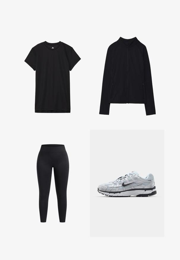 Černá bundě na zip s vysokým límcem, vyrobená z měkké látky. Má raglánové rukávy a dvě boční kapsy na zip. Hladká textura.; Černé tričko s krátkým rukávem vyrobené z měkké tkaniny, se kulatým výstřihem a standardním střihem. Žádné viditelné vzory ani detaily.; Černé legíny s vysokým pasem vyrobené z elastického materiálu, s hladkým povrchem a délkou po kotníky. Bez vzorů a viditelných kovových detailů.; Tenisky Nike P-6000 s lehkou šedou síťovinou, černými akcenty a odolnou černou gumovou podrážkou. Vyznačují se složitým designem a systémem šněrování.