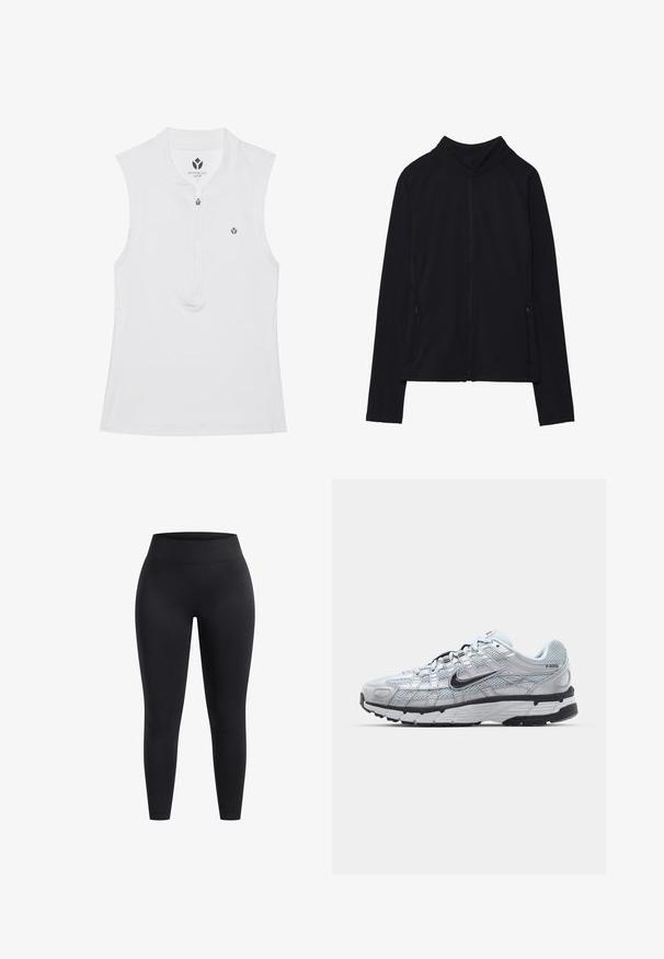 Černá bundě na zip s vysokým límcem, vyrobená z měkké látky. Má raglánové rukávy a dvě boční kapsy na zip. Hladká textura.; Bílý sportovní top bez rukávů s vysokým límcem, poloviční zip a malým logem na hrudi. Hladká textura a těsně padnoucí design.; Černé legíny s vysokým pasem vyrobené z elastického materiálu, s hladkým povrchem a délkou po kotníky. Bez vzorů a viditelných kovových detailů.; Tenisky Nike P-6000 s lehkou šedou síťovinou, černými akcenty a odolnou černou gumovou podrážkou. Vyznačují se složitým designem a systémem šněrování.