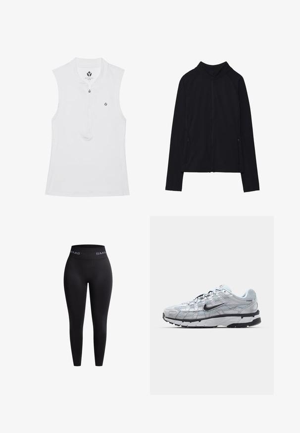 Zwarte zip-up jas met een hoge kraag, gemaakt van zacht materiaal. Voorzien van raglanmouwen en twee ritssluitingen aan de zijkant. Glad textuur.; Witte mouwloze sporttop met een hoge kraag, halve rits en een klein logo op de borst. Glad textuur en aangesloten ontwerp.; Zwarte leggings gemaakt van rekbaar materiaal met een hoge elastische tailleband waarop de tekst "SMIL" in het wit staat. Gladde textuur en aansluitend ontwerp.; Nike P-6000 sneakers met een lichtgrijze mesh bovenkant, zwarte accenten en een duurzame zwarte rubberen zool. Kenmerkt zich door een ingewikkeld ontwerp en vetersysteem.