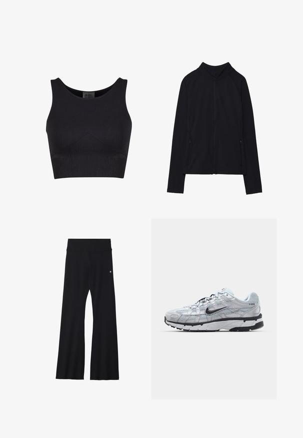 Jachetă neagră cu fermoar, cu guler înalt, fabricată dintr-un material moale. Prezintă mâneci raglan și două buzunare laterale cu fermoar. Textură netedă.; Top scurt negru cu nervuri, având un guler rotund și bretelelate. Prezentând un design ajustat și margini fără cusături pentru confort.; Pantaloni de yoga negri, evazați, dintr-un material elastic, cu un talie lată și un mic logo aproape de șold. Textură netedă, fără modele.; Tenisii Nike P-6000 cu un upper din plasă gri deschis, accente negre și o talpă din cauciuc negru durabilă. Caracterizează un design complex și un sistem de șireturi sofisticat.