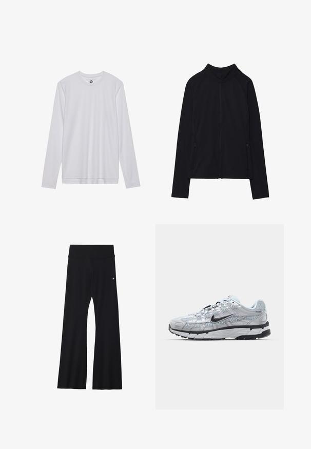 Fekete, cipzáros dzseki magas gallérral, puha anyagból készült. Raglán ujjakkal és két cipzáras oldalzsebbel rendelkezik. Simább textúra.; Hosszú ujjú fehér ing sima anyagból, kerek nyakkal és egyenes szabással. Nincsenek minták vagy díszítések.; Fekete, harang alakú jóga nadrág rugalmas anyagból, széles derékrésszel és egy kis logóval a csípőnél. Sima textúrájú, minta nélkül.; Nike P-6000 sportcipő, világosszürke hálós felsőrésszel, fekete részletekkel és tartós fekete gumitalppal. Bonyolult dizájnnal és fűzőrendszerrel rendelkezik.