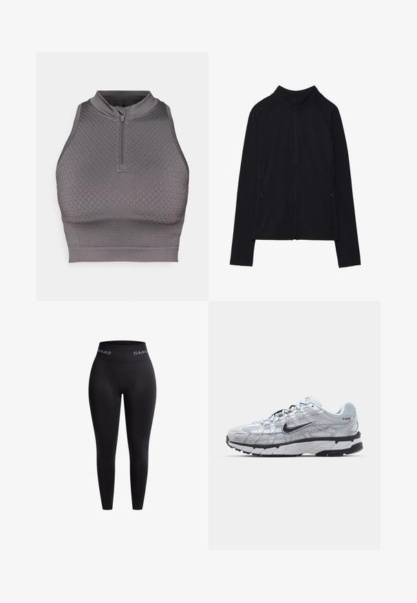 Sort zip-up jakke med høj krave, lavet af blødt stof. Den har raglanærmer og to lynlåslommer på siden. Glat tekstur.; Grå atletisk crop top med lynlås i halsen, struktureret mønster, tætsiddende design og en glat finish ved kanten og armhulen.; Sorte leggings lavet af strækbart stof med en høj elastisk talje, som har teksten "SMIL" i hvid. Glat tekstur og tætsiddende design.; Nike P-6000 sneakers med en lys grå mesh overdel, sorte accenter og en holdbar sort gummisål. Har et detaljeret design og snøresystem.