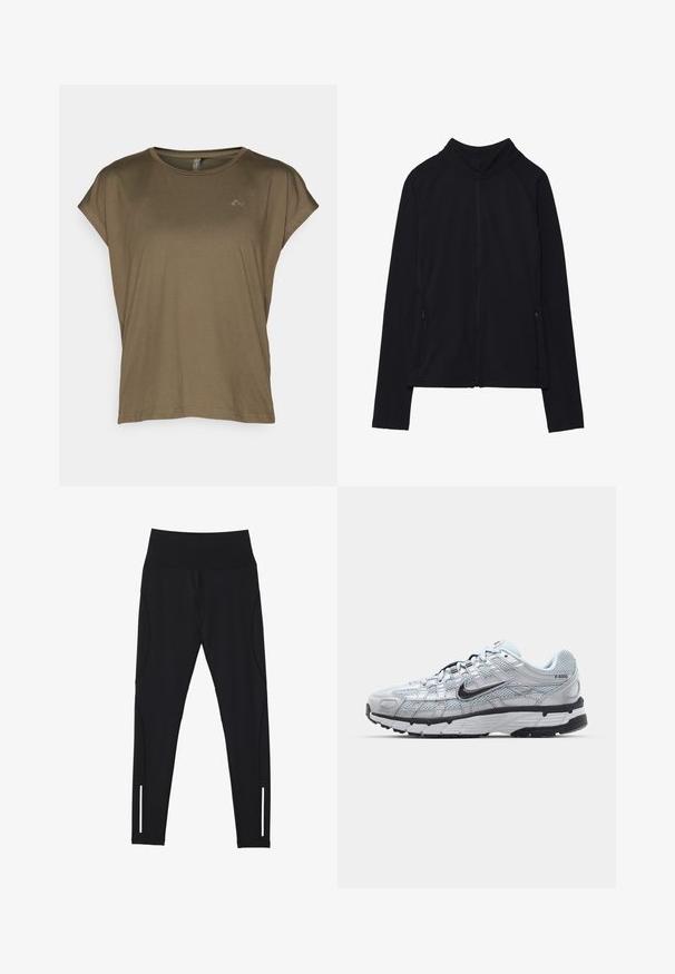 Sort zip-up jakke med høj krave, lavet af blødt stof. Den har raglanærmer og to lynlåslommer på siden. Glat tekstur.; ONLY Play ONPAUBREE LIFE ON BAT LOOSE - Sports T-shirts - kalamata; Sorte leggings lavet af strækbart stof, med en høj talje, sidesømme og reflekterende detaljer nær anklen for synlighed.; Nike P-6000 sneakers med en lys grå mesh overdel, sorte accenter og en holdbar sort gummisål. Har et detaljeret design og snøresystem.