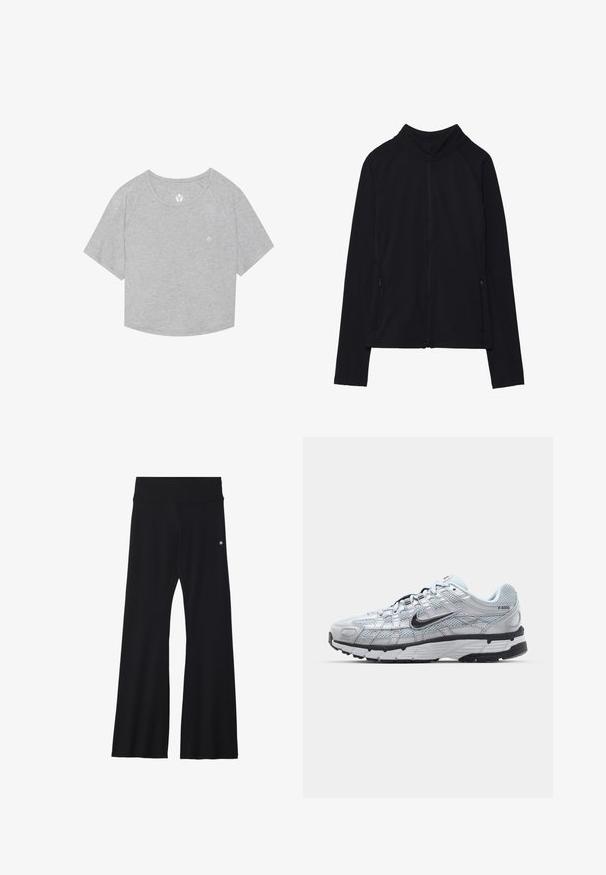 Svart zip-up jakke med høy krage, laget av mykt materiale. Har raglanerm sleeves og to glidelåslommer på siden. Jevn tekstur.; Grå cropped T-skjorte med korte raglanermer, myk tekstur og en liten logo trykket nær halslinjen. Rundtet hem på bunnen.; Sorte, flagrende yogabukser i elastisk materiale, med bred linning og en liten logo nær hoften. Glatt tekstur, uten mønstre.; Nike P-6000 sneakers med en lys grå mesh-overdel, sorte detaljer og en slitesterk svart gummisåle. Har et intrikat design og snøresystem.
