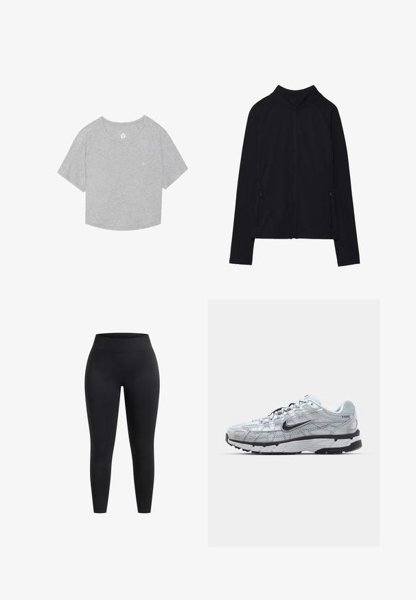 Černá bundě na zip s vysokým límcem, vyrobená z měkké látky. Má raglánové rukávy a dvě boční kapsy na zip. Hladká textura.; Šedé zkrácené tričko s krátkými raglánovými rukávy, jemná textura a malé logo potištěné poblíž výstřihu. Zakulacený lem na spodní straně.; Černé legíny s vysokým pasem vyrobené z elastického materiálu, s hladkým povrchem a délkou po kotníky. Bez vzorů a viditelných kovových detailů.; Tenisky Nike P-6000 s lehkou šedou síťovinou, černými akcenty a odolnou černou gumovou podrážkou. Vyznačují se složitým designem a systémem šněrování.