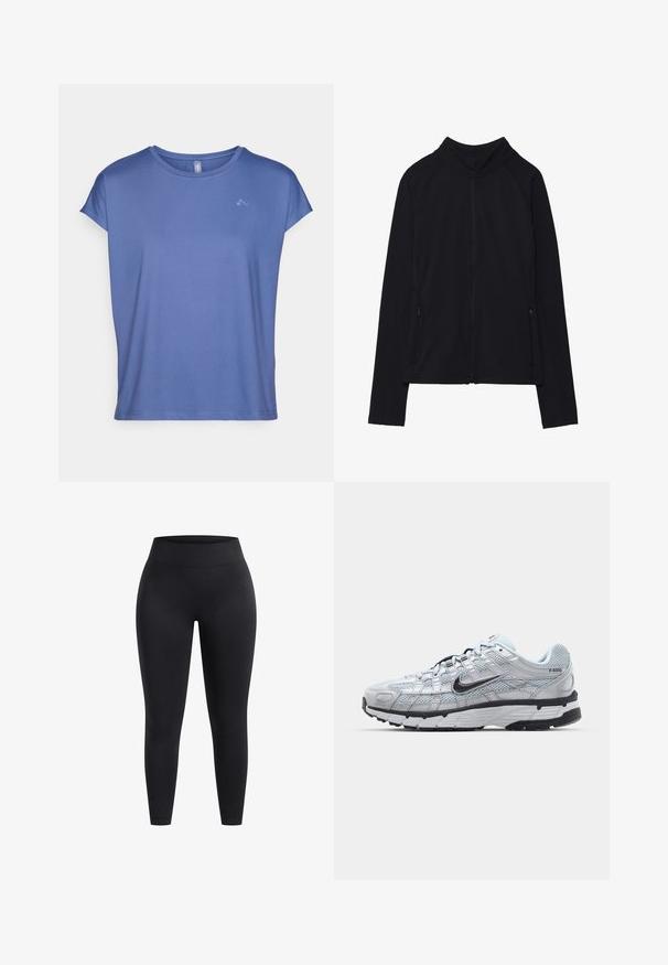 Czarna kurtka zapinana na zamek z wysokim kołnierzem, wykonana z miękkiego materiału. Posiada rękawy raglanowe oraz dwie kieszenie boczne zapinane na zamek. Gładka tekstura.; Koszulka z krótkim rękawem, okrągłym dekoltem w jasnoniebieskim kolorze, wykonana z gładkiego materiału. Posiada subtelne logo na piersi oraz luźny, komfortowy krój.; Czarne legginsy z wysokim stanem wykonane z elastycznego materiału, charakteryzujące się gładką powierzchnią i długością do kostek. Brak wzorów i widocznych detali metalowych.; Nike P-6000 sneakers z jasnoszarym siateczkowym wierzchem, czarnymi akcentami i trwałą czarną gumową podeszwą. Charakteryzują się skomplikowanym wzornictwem i systemem sznurowania.