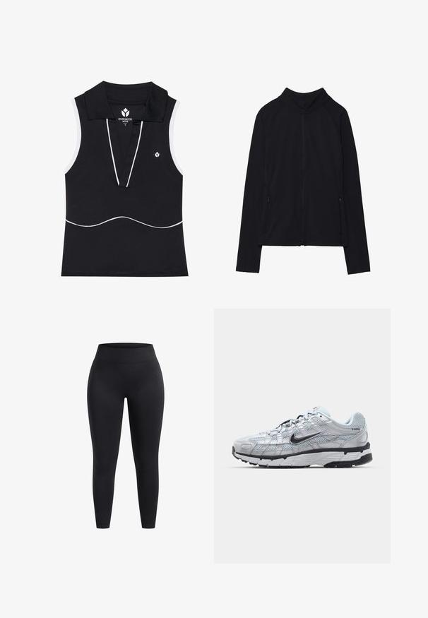 Czarna kurtka zapinana na zamek z wysokim kołnierzem, wykonana z miękkiego materiału. Posiada rękawy raglanowe oraz dwie kieszenie boczne zapinane na zamek. Gładka tekstura.; Czarny bezrękawnik polo z dekoltem w serek, ozdobiony białymi lamówkami, wykonany z elastycznej tkaniny, z małym logo na lewej piersi.; Czarne legginsy z wysokim stanem wykonane z elastycznego materiału, charakteryzujące się gładką powierzchnią i długością do kostek. Brak wzorów i widocznych detali metalowych.; Nike P-6000 sneakers z jasnoszarym siateczkowym wierzchem, czarnymi akcentami i trwałą czarną gumową podeszwą. Charakteryzują się skomplikowanym wzornictwem i systemem sznurowania.