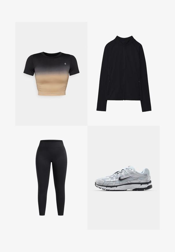 Zwarte zip-up jas met een hoge kraag, gemaakt van zacht materiaal. Voorzien van raglanmouwen en twee ritssluitingen aan de zijkant. Glad textuur.; Korte mouw crop top met een verloop van zwart naar beige. Soepele textuur, ronde halslijn en een subtiel logo op de borst.; Hoge zwarte legging gemaakt van rekbaar materiaal, met een gladde oppervlakte en een enkellange pasvorm. Geen patronen of zichtbare hardware details.; Nike P-6000 sneakers met een lichtgrijze mesh bovenkant, zwarte accenten en een duurzame zwarte rubberen zool. Kenmerkt zich door een ingewikkeld ontwerp en vetersysteem.
