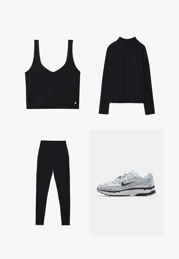 Sort zip-up jakke med høj krave, lavet af blødt stof. Den har raglanærmer og to lynlåslommer på siden. Glat tekstur.; Sort sportsbh med brede stropper, V-hals design, tekstureret stof og logodetalje ved kanten. Glat finish, minimalistisk stil.; Sorte leggings lavet af strækbart stof med en høj, ribbet talje. Features sidelommer og sømløst design for komfort.; Nike P-6000 sneakers med en lys grå mesh overdel, sorte accenter og en holdbar sort gummisål. Har et detaljeret design og snøresystem.