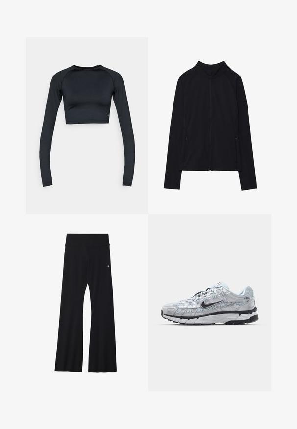 Črna zip-up jakna z visokim ovratnikom, narejena iz mehkega materiala. Ima raglan rokave in dve žepni zadrgi na straneh. Gladka tekstura.; Črna dolga crop majica z dolgimi rokavi, narejena iz gladkega, raztegljivega blaga. Ima okrogel izrez in oprijeto obliko, z nežnimi detajli na robu.; Črne razširjene joga hlače iz elastičnega materiala, z širokim pasom in majhnim logotipom blizu bokov. Gladka tekstura, brez vzorcev.; Nike P-6000 športni copati z lahkim sivim mrežastim zgornjim delom, črnimi dodatki in trdim črnim gumijastim podplatom. Imajo zapleten dizajn in sistem vezalk.