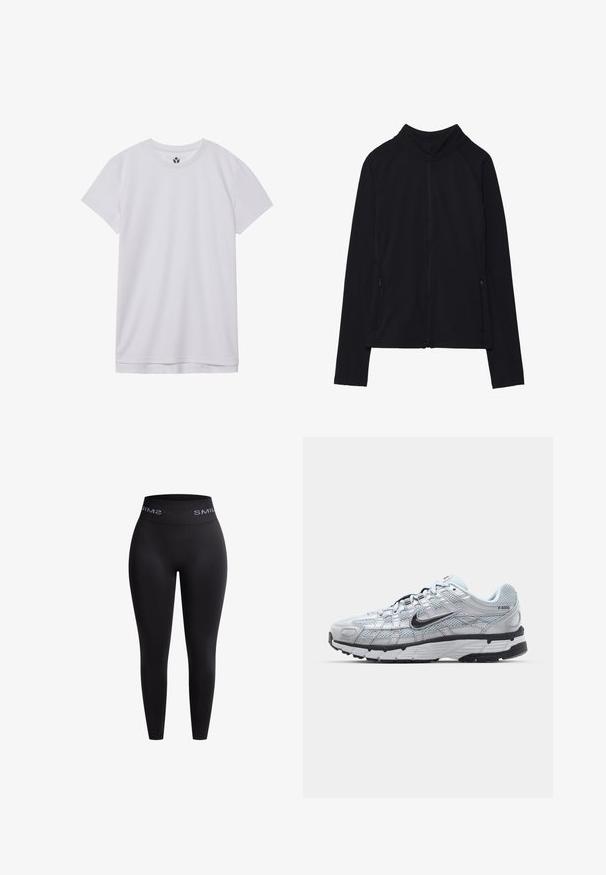 Černá bundě na zip s vysokým límcem, vyrobená z měkké látky. Má raglánové rukávy a dvě boční kapsy na zip. Hladká textura.; Bílý krátkosrstý tričko s kulatým výstřihem. Vyrobeno z měkkého materiálu, má rovný lem, minimální švy a malé logo na výstřihu.; Černé legíny vyrobené z elastického materiálu s vysokým elastickým pasem, na kterém je bílý text "SMIL". Hladký povrch a přiléhavý střih.; Tenisky Nike P-6000 s lehkou šedou síťovinou, černými akcenty a odolnou černou gumovou podrážkou. Vyznačují se složitým designem a systémem šněrování.