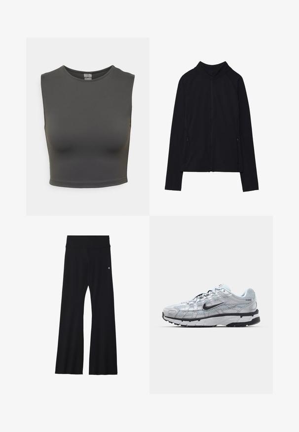 Fekete, cipzáros dzseki magas gallérral, puha anyagból készült. Raglán ujjakkal és két cipzáras oldalzsebbel rendelkezik. Simább textúra.; Sötét szürke ujjatlan crop top, sima, rugalmas anyagból; kör alakú nyakkivágással és testhez álló fazonnal rendelkezik.; Fekete, harang alakú jóga nadrág rugalmas anyagból, széles derékrésszel és egy kis logóval a csípőnél. Sima textúrájú, minta nélkül.; Nike P-6000 sportcipő, világosszürke hálós felsőrésszel, fekete részletekkel és tartós fekete gumitalppal. Bonyolult dizájnnal és fűzőrendszerrel rendelkezik.