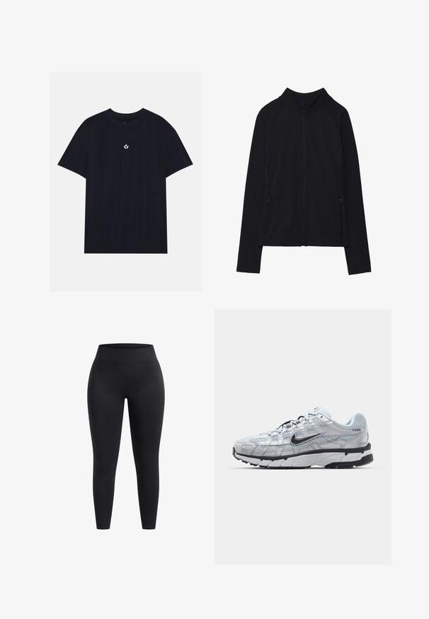 Černá bundě na zip s vysokým límcem, vyrobená z měkké látky. Má raglánové rukávy a dvě boční kapsy na zip. Hladká textura.; Černé bavlněné tričko s kulatým výstřihem, krátkými rukávy a malým bílým květinovým emblémem uprostřed hrudi. Hladká textura.; Černé legíny s vysokým pasem vyrobené z elastického materiálu, s hladkým povrchem a délkou po kotníky. Bez vzorů a viditelných kovových detailů.; Tenisky Nike P-6000 s lehkou šedou síťovinou, černými akcenty a odolnou černou gumovou podrážkou. Vyznačují se složitým designem a systémem šněrování.