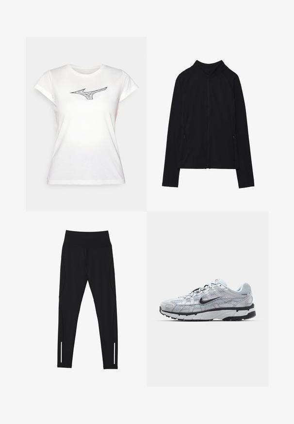 Sort zip-up jakke med høj krave, lavet af blødt stof. Den har raglanærmer og to lynlåslommer på siden. Glat tekstur.; Hvid bomulds T-shirt med korte ærmer, der har et sort linjekunstdesign af et logo på brystet. Klassisk rund halsudskæring, blød tekstur.; Sorte leggings lavet af strækbart stof, med en høj talje, sidesømme og reflekterende detaljer nær anklen for synlighed.; Nike P-6000 sneakers med en lys grå mesh overdel, sorte accenter og en holdbar sort gummisål. Har et detaljeret design og snøresystem.