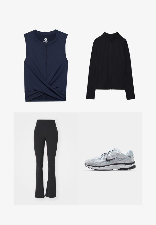 Črna zip-up jakna z visokim ovratnikom, narejena iz mehkega materiala. Ima raglan rokave in dve žepni zadrgi na straneh. Gladka tekstura.; Mornarska brezrokavnik iz gladkega materiala, ki ima zasukano podrobnost na robu in kontrastno šivanje ob šivih.; Črne joga hlače z visokim pasom, narejene iz elastičnega materiala. Imajo širok kroj in majhen Nike logotip na pasu.; Nike P-6000 športni copati z lahkim sivim mrežastim zgornjim delom, črnimi dodatki in trdim črnim gumijastim podplatom. Imajo zapleten dizajn in sistem vezalk.