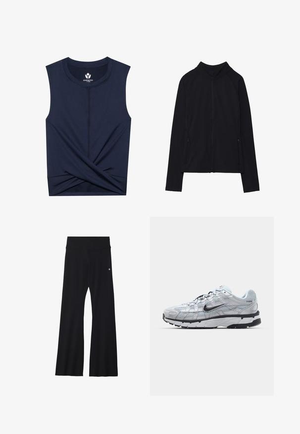 Mustmust kollane jope, millel on kõrge kaelus, valmistatud pehmest kangast. Omab raglanvarukke ja kahte lukuga küljetaskut. Sile tekstuur.; Tumed vabade varrukatega särk, mis on valmistatud sileda kangaga, millel on keerduv detail hemil ja kontrastne õmblusservades.; Mustad mustad jooga püksid venivast kangast, lai vöökoht ja väike logo puusade lähedal. Sile tekstuur, mustrid puuduvad.; Nike P-6000 tenniset heleda halli võrgust pealteega, mustade aktsentidega ja vastupidava musta kummist tallaga. Omab keerukat disaini ja paeltesüsteemi.