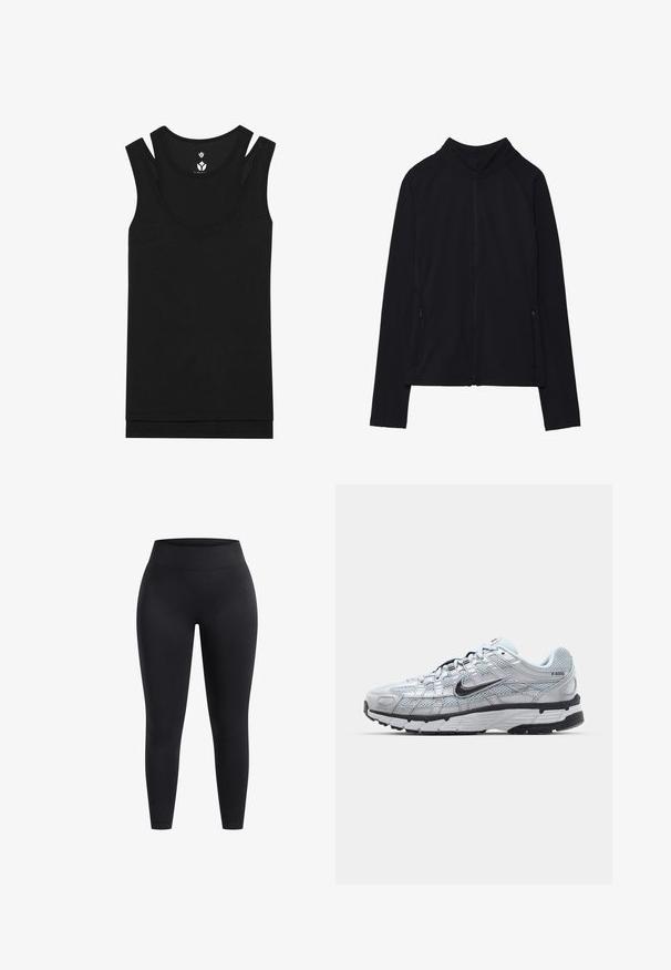 Chaqueta negra con cremallera y cuello alto, hecha de un tejido suave. Presenta mangas raglán y dos bolsillos laterales con cremallera. Textura suave.; Top negro sin mangas con escote redondo y diseño de doble tirante. Fabricado en tela de canalé con una textura suave, presenta un dobladillo recto.; Leggings negros de talle alto, fabricados con un tejido elástico, que presentan una superficie lisa y un ajuste hasta el tobillo. Sin patrones ni detalles de hardware visibles.; Zapatillas Nike P-6000 con parte superior de malla gris claro, acentos negros y suela de goma negra duradera. Presentan un diseño intrincado y un sistema de cordones.