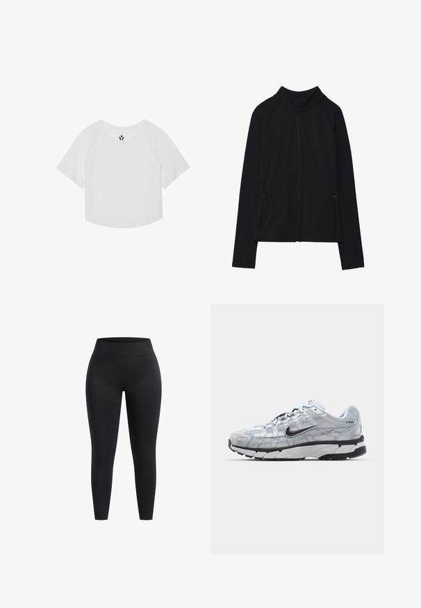 Musta vetoketjullinen takki korkealla kauluksella, valmistettu pehmeästä kankaasta. Varustettu raglan-hihoilla ja kahdella vetoketjullisella sivutaskulla. Sileä pinta.; Valkoinen lyhythihainen urheilu-paita, jossa on raglan-hihat, pyöreä kaula-aukko ja pieni logo rinnassa. Sileä, kevyt kangas.; Vysoce pasové černé legíny vyrobené z elastického materiálu, s hladkým povrchem a délkou ke kotníkům. Žádné vzory ani viditelné detaily hardwaru.; Nike P-6000 tennarit, joissa on vaaleanharmaa verkkomateriaali, mustia yksityiskohtia ja kestävä musta kumipohja. Ominaisuuksia ovat monimutkainen muotoilu ja nauhoitusjärjestelmä.