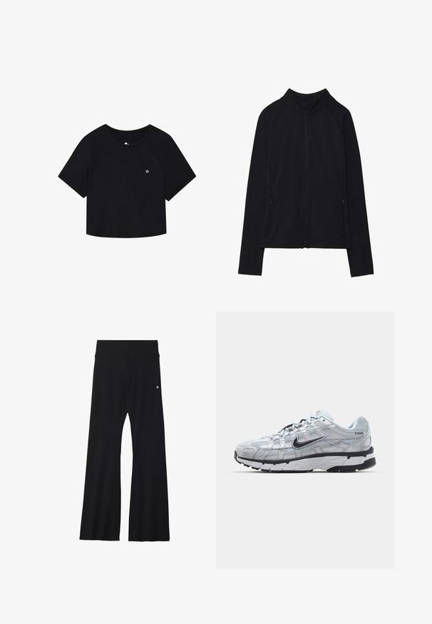 Casaco preto com fecho, com gola alta, feito de um tecido suave. Possui mangas raglan e dois bolsos laterais com fecho zip. Textura lisa.; T-shirt preta cropped com mangas curtas, textura canelada, decote redondo e um pequeno logótipo branco no peito.; Calças de yoga pretas em tecido elástico, apresentando uma cintura larga e um pequeno logótipo perto do quadril. Textura suave, sem padrões.; Ténis Nike P-6000 com um cabedal em malha cinza claro, detalhes em preto e uma sola de borracha preta durável. Apresenta um design intrincado e um sistema de atacadores.