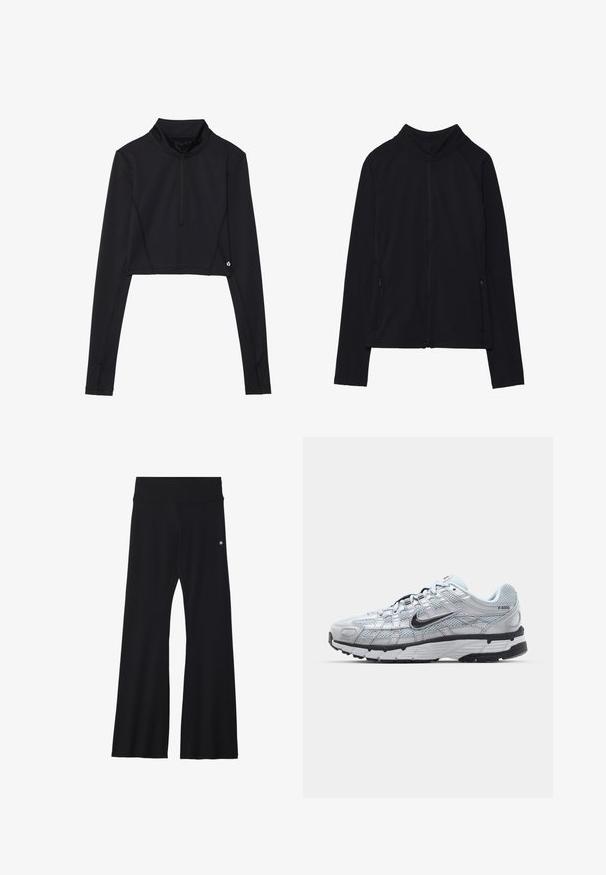 Sort zip-up jakke med høj krave, lavet af blødt stof. Den har raglanærmer og to lynlåslommer på siden. Glat tekstur.; Sort cropped bluse med lange ærmer og høj krave, der har en kvart lynlås og syninger langs ærmerne og kanten.; Sorte flared yoga bukser i strækbart stof, med en bred talje og et lille logo nær hoften. Glat tekstur, uden mønstre.; Nike P-6000 sneakers med en lys grå mesh overdel, sorte accenter og en holdbar sort gummisål. Har et detaljeret design og snøresystem.